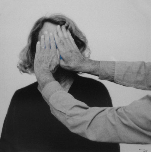 Helena Almeida, Untitled, 2010. Black-and-white photographs with blue acrylic.