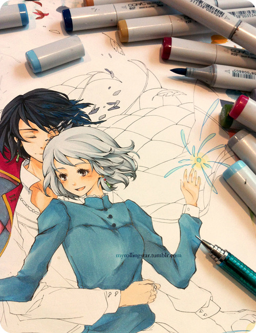 myrollingstar:  Coloring the Howl and Sophie sketch!  Using the last of my spring