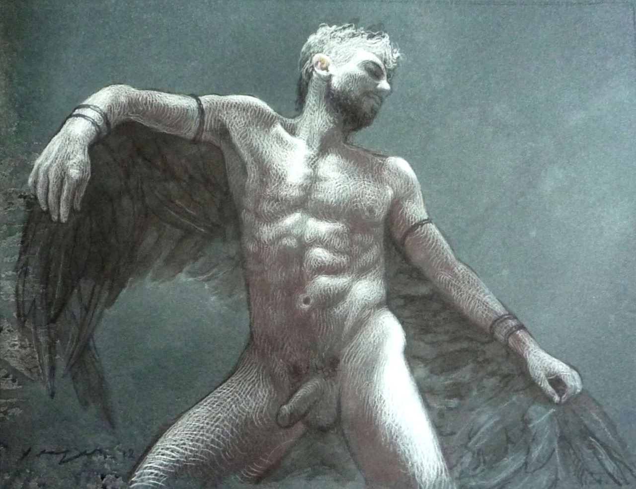 gay-erotic-art:  toddyeager:  9”x12” drawing of Bryan Slater as Icarus; Blue,