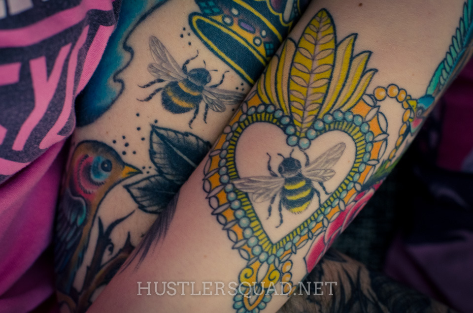 More bees by Saira Hunjan @Good Times in London. This is a matching pair on me and my girlfriend, from the same stencil. True love!