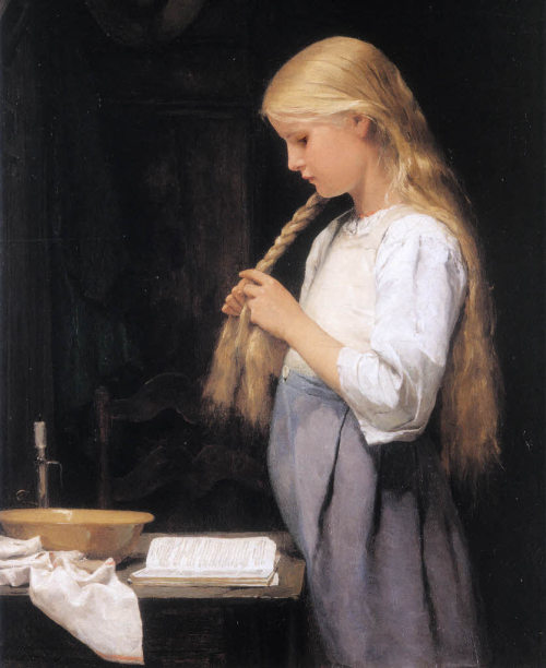 flyingodiva:Mädchen, die Haare flechtend (Girl Braiding Hair), 1887.  Albert Samuel Anker (1832-1910