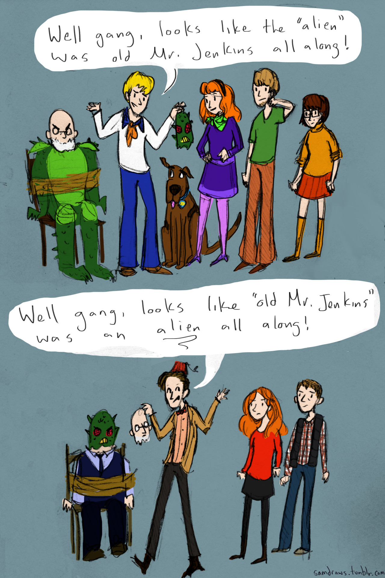 The inverse plot relationships of Scooby Doo and Doctor Who.
samdraws:
“ Now with colour!
‘Doctor Who’ is sort of the opposite of ‘Scooby Doo’- everyone thinks that nothing’s up, but it’s always actually aliens.
…Also instead of a bunch of teenagers,...