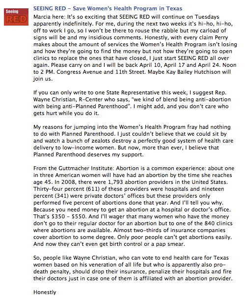 keepyourboehneroutofmyuterus:  What Marcia Ball wrote yesterday on the Seeing Red Texas rally’s FB p