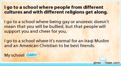 jennymonster:  omgfactsofficial:  givesmehope:  I go to a school where people from different cultures and with different religions get along. http://bit.ly/GWBF7d  Follow for more stories of hope!  That is the idea behind Legion  The fuck is this shit?