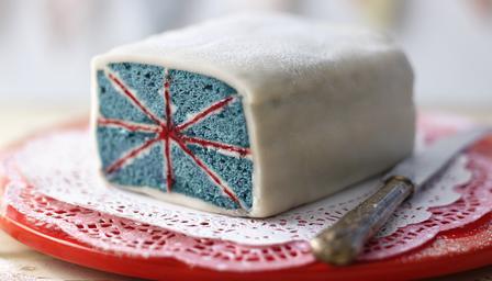 A cute, Union Jack cake via BBC Recipes.