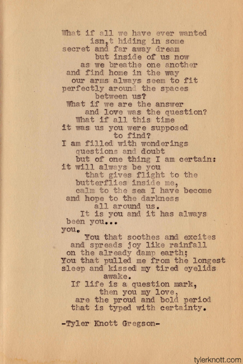 tylerknott:
“ Typewriter Series #1 by Tyler Knott Gregson
So with my new typewriter I have been experimenting with just putting a piece of paper in and writing a poem as fast as I can. The nature of the medium is that I cannot correct anything, go...