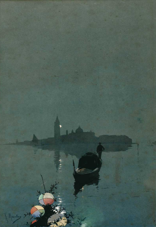 catonhottinroof:  Raffaele Mainella   Gondoliere di notte in laguna 