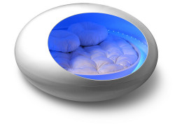 keepittoyourself129:  spooky-freedom:  improbablenormality:   handcrafted fiberglass shell and bed temperature controlled round water bed phillips color kinetics LED lighting system anthony gallo high fidelity sound system ipod universal dock    there