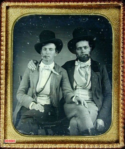 tuesday-johnson:ca. 1850’s, [daguerreotype portrait of two dandies smoking cigars] via the Daguerr