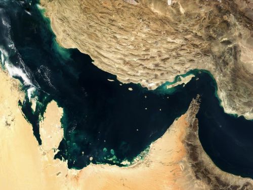 In the Persian Gulf, two tectonic plates collide. The Arabian plate (lower left) is running up on th