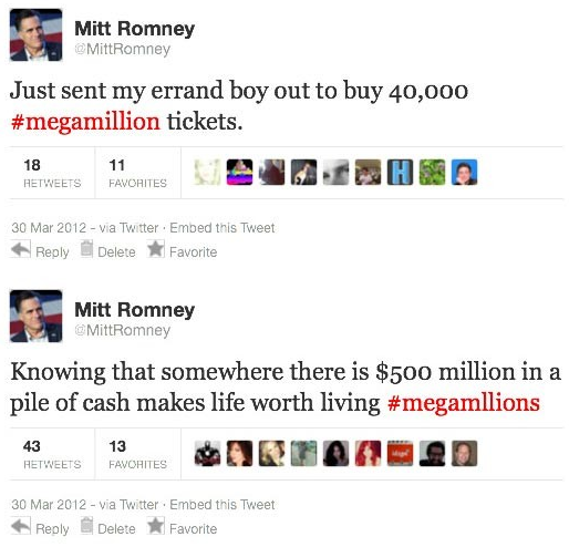 Mitt Romney Giddily Tweets About Mega Millions
You’d think the biggest jackpot in history wouldn’t excite Mitt Romney, given his already large fortune. But you’re forgetting something: He loves money.
