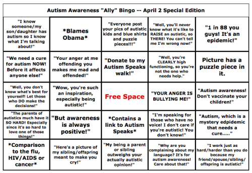 littlemissmutant:deaf-autie:tide-and-wave:aspiealligator:Presenting: Autism “Ally” bingo card for Ap