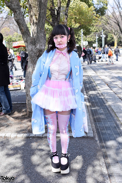 Japanese student Harue in a cute pink tulle skirt at the Yoyogi Flea Market in Harajuku.