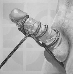 underherheel:  The best part of this not being sure where the ends of the rope go. Most probably on to his hands, tied behind his back, and the other in the hands of his Mistress… 