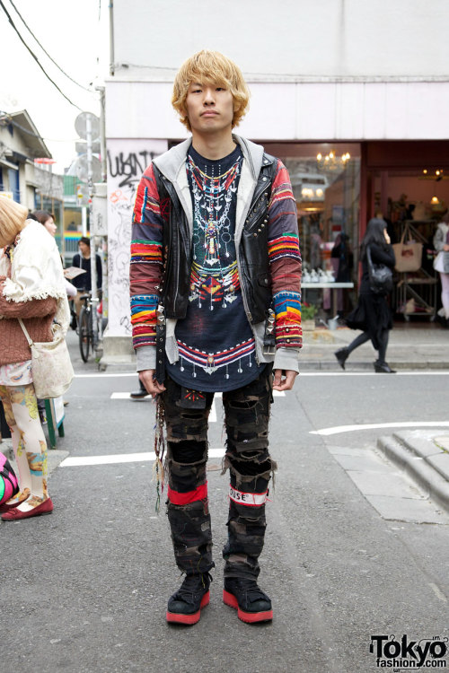 22-year-old guy named Baba w/ ethnic print shirt &amp; shredded pants on the street in Harajuku. His