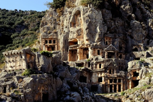 octopusgirl: Lycian rock-cut tombs in the form of temple fronts carved into the vertical faces of cl