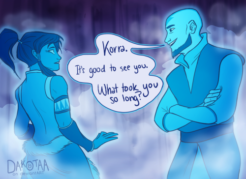 masterarrowhead:What took you so long?Expanded on another TinyChat doodle of Korra meeting Aang for 