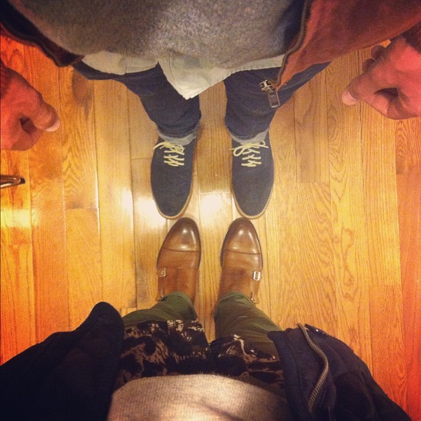 Me and @dustym23 last night. Cheetah print, dubmonks, and suede wingtips. Totally normal outfits to wear to your local dive #menswear (Taken with Instagram at Jersey City)