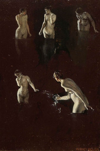 Study of five female nudes by Albert Keller.