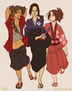 ghostgreen:  so when i saw someone mention a Samurai Champloo genderbend on that CB illustration of mine, my fingers started tingling. i woke up two hours later and this was on the screen in Photoshop. i’m sorry, everyone.  