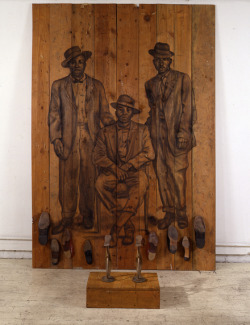 syddhartha:  Whitfield Lovell, Shine, 2000. Charcoal on wood and found objects, 107 3/4 × 74 3/4 × 42 in. (273.7 × 189.9 × 106.7 cm) overall. 