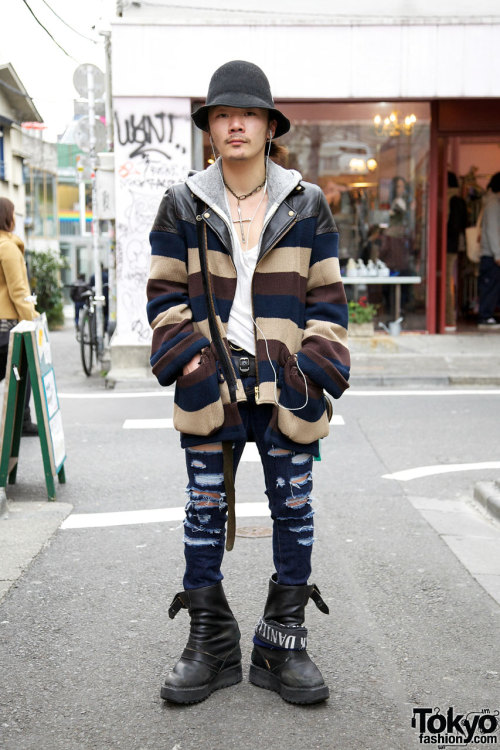 Well-known Harajuku street snap personality Li Lium wearing Black Means &amp; Banal Chic Bizarre.