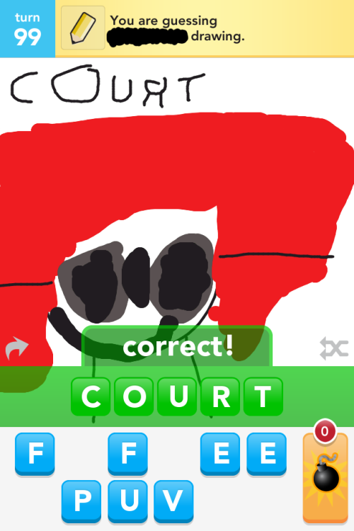 My 4-year-old sister plays that Draw Something game with folks on my mom’s iPad. If she recognizes the word, she’ll draw an appropriate picture for it. Today she got “Court” and she recognized the word from the show “The