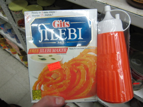 Here’s a kit to make your own jalebi at home! Just add water to the dry mix, deposit the solution into the complementary Jilebi maker, and squeeze a pretzel shape into hot oil. Remove, dry, and soak in syrup.
Found at Patel Bros, 3727 74th St,...