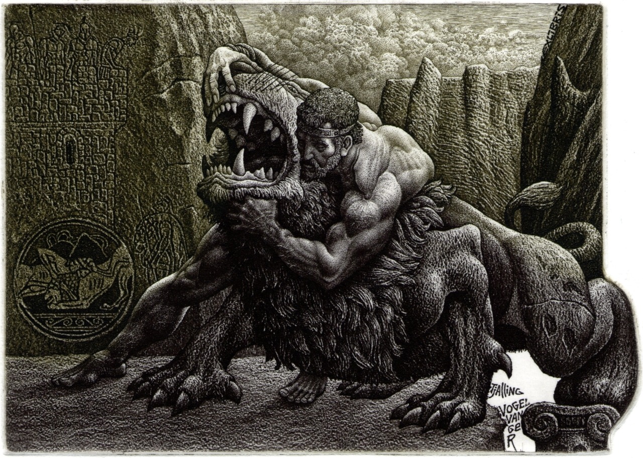 androphilia:  Hercules Fighting The Nemean Lion, Bookplate (Ex Libris) For Tjalling