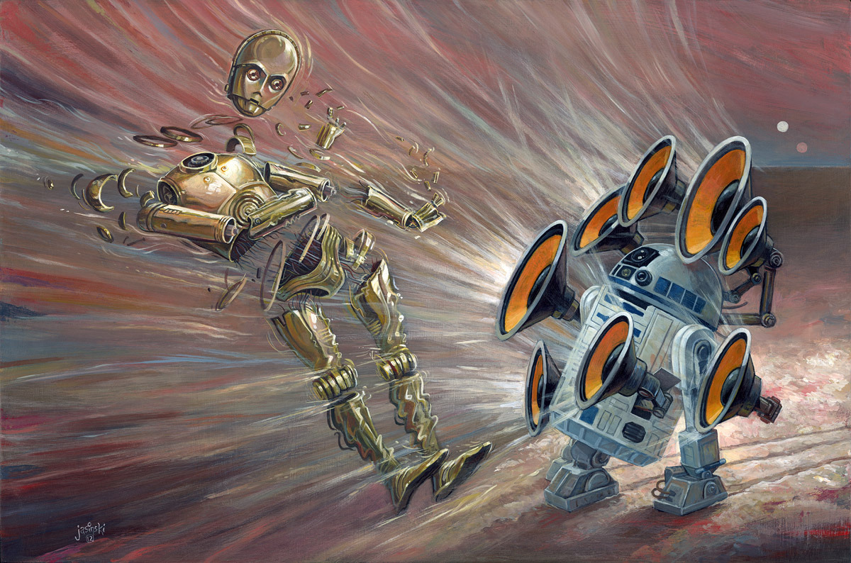 DJ C-3PO stood no chance against the hard hitting beats created by Artoo’s Droid Step (Dubstep) arsenal. Rad painting by Tumblr artist Aaron Jasinski!
Droid Step by Aaron Jasinski (deviantART) (Facebook) (Twitter)
Via: jasinskiart