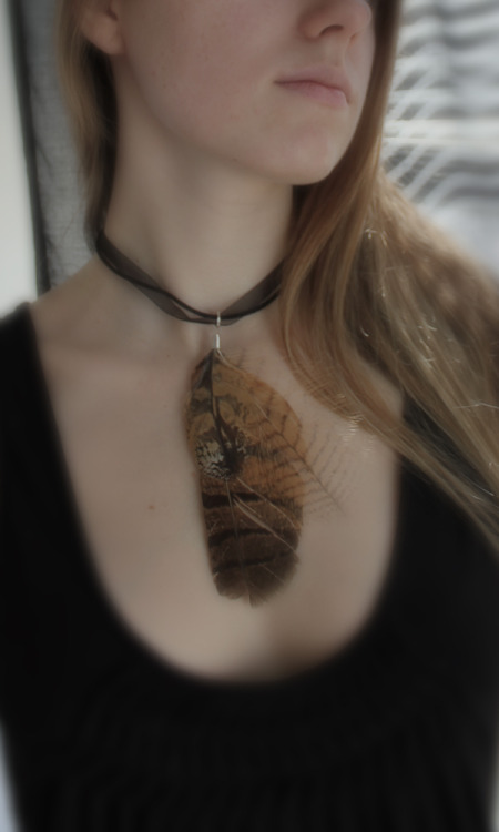 A European Eagle Owl feather necklace (naturally molted) arrived in the mail today! It was handcraft