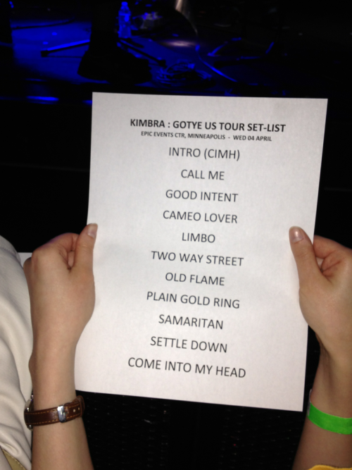 Set list from the Minneapolis show, for all you Kimbra nerds. Damn good set, btw. That band is tight.
