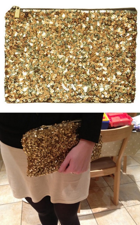 DIY Zara Gold Sequin Clutch. Photo Top: Zara Gold Sequin Wallet here, Bottom Photo: DIY by The Embel