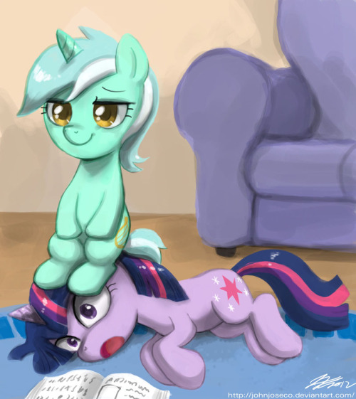 Filly Lyra sitting on Filly Twilight’s porn pictures