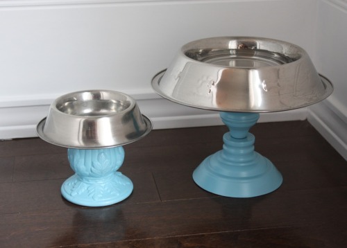 DIY Raised Dog Bowls for the Pampered Pet. Using candlesticks. We&rsquo;ve all seen the The Dollar S