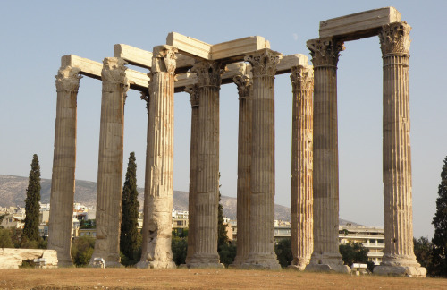 myancientworld:Temple of Zeus, Athens, Greece. Once the largest temples in Greece, the temple of Zeus is located just south of the Acropolis. Work began in 6BC by the tyrant ruler Peisistrates, but was not completed until 132AD by Emperor Hadrian. The