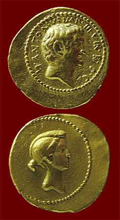 ancientcoins:myancientworld:Coin of Mark Antony and Octavia Aureus.The inscriptions which are on the