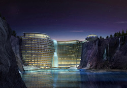 architizer:  Ground has broken on a groundscraper-hotel in an abandoned quarry Shanghai that will feature a “waterfall” constructed of glass and two underwater levels. 