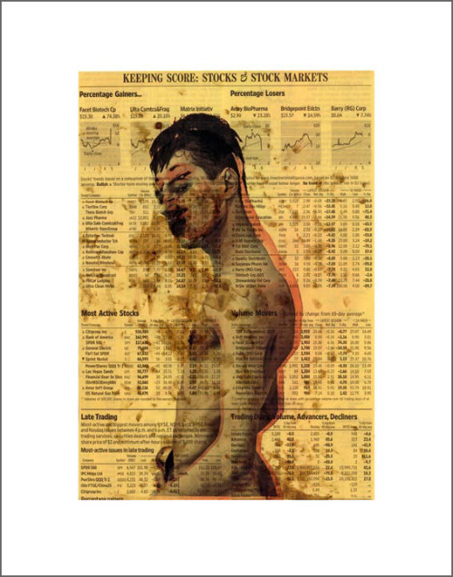 Keeping Score, 2010Inkjet print and blood on newspaper mounted on canvas board, 11” x 14”From Stock 