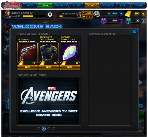 Why yes, there is a new TV spot for Marvel’s The Avengers premiering in a few hours on our (FANTASTIC) Facebook game Marvel: Avengers Alliance.
No exact time, sorry. But sooooonish.