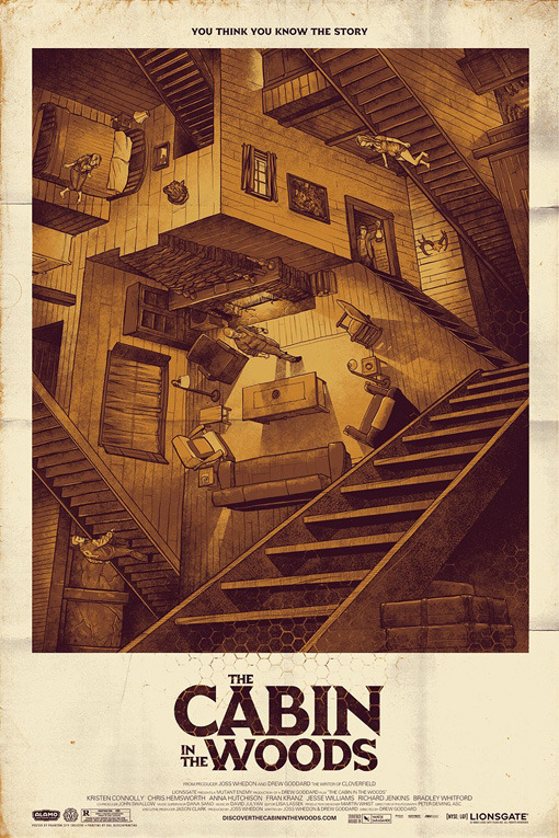 We’re really into this Escher-esque Cabin in the Woods poster from Mondo and The Alamo Drafthouse. What do you guys think – and are you excited for the movie?