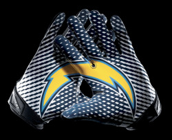 bolts:  Chargers new “logo lock-up” gloves.