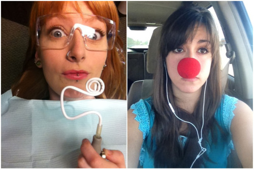 Today two of my close friends/models sent me phone pics of themselves. First was the lovely and sarcastic Erin, who was at the dentist and still looked lovely while being tortured there. Then came Brenna’s, who was wearing the clown nose I gave