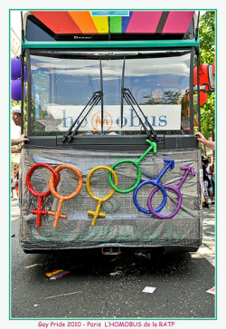 fuckyeahlesbians:  [Image: Photo of a bus from the front. Through the window you can see the driver and the text, “homobus.” Outside on the front are a rainbow of interlinked symbols: female-female, female-male, male-male.] 2010 Paris Gay Pride 1429w