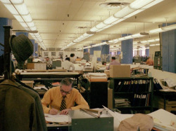 novayorkvintage:  My dad worked for the New York Port Authority as an electrical engineer. On “bring your kids to work day”, I took this photo of his group. Not a computer anywhere! The old PA building at 15th Street and 8th Avenue. New York. March