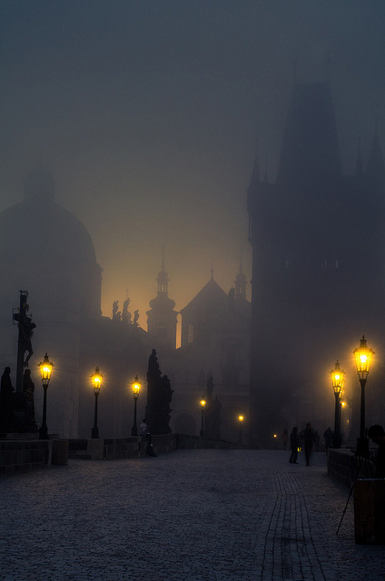 bluepueblo:  Foggy, Charles Bridge, Prague, Czech Republic photo via misi  I want to go back to Prague.