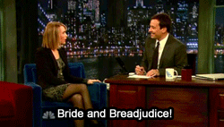 Jimmy Fallon and Kristen Wiig thinking up titles for “Bridesmaids” .