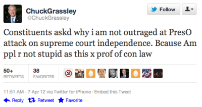 tpmmedia:
“ Top Republican on the Judiciary Committee, Sen. Chuck Grassley, went on Twitter to bash President Obama’s remarks in anticipation of a Supreme Court health care decision.
”
Someone needs to discover TwitLonger because this is just...