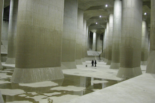 jackthecb:   The G-Cans Project  Beneath Tokyo lies a series of tunnels known as the G-Cans Project. Beginning construction in 1992, the landscape was built to store water in the events of a possible tsunami or other type of flooding incident. The space