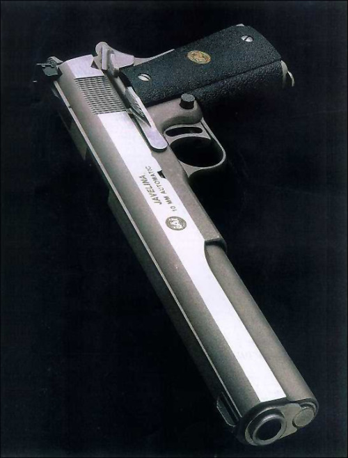 gunrunnerhell:  Javelina 10mm These handguns are similar to the Hardballer Longslides but are chambered in 10mm. You’ll sometimes find them marked AMT or iAi because the company went through several owners due to financial issues. Like their Hardballer